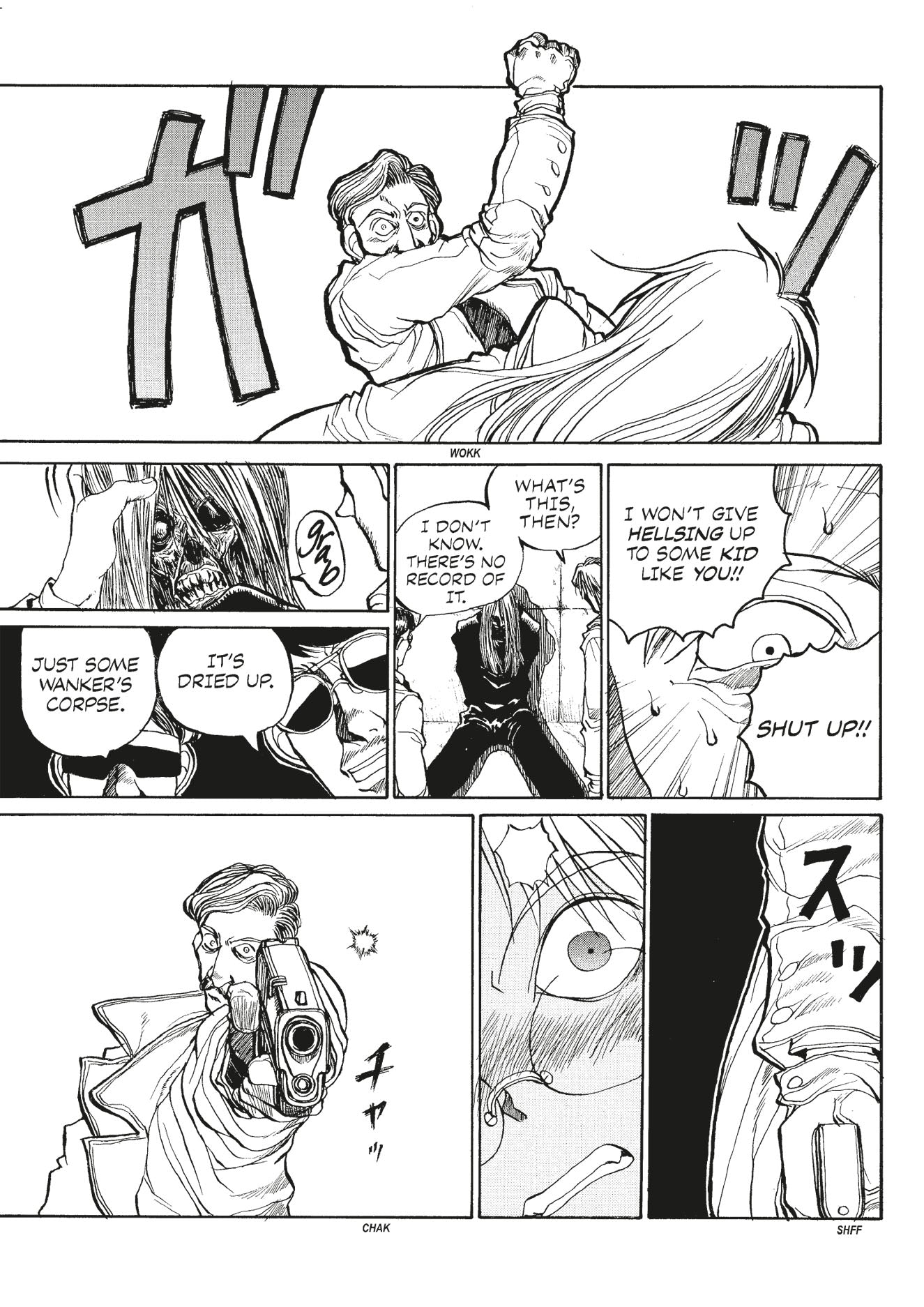 Manga page: A man punches a character, a dried corpse is examined, and the man aims a handgun directly forward
