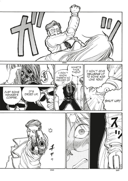 Manga page: A man punches a character, a dried corpse is examined, and the man aims a handgun directly forward