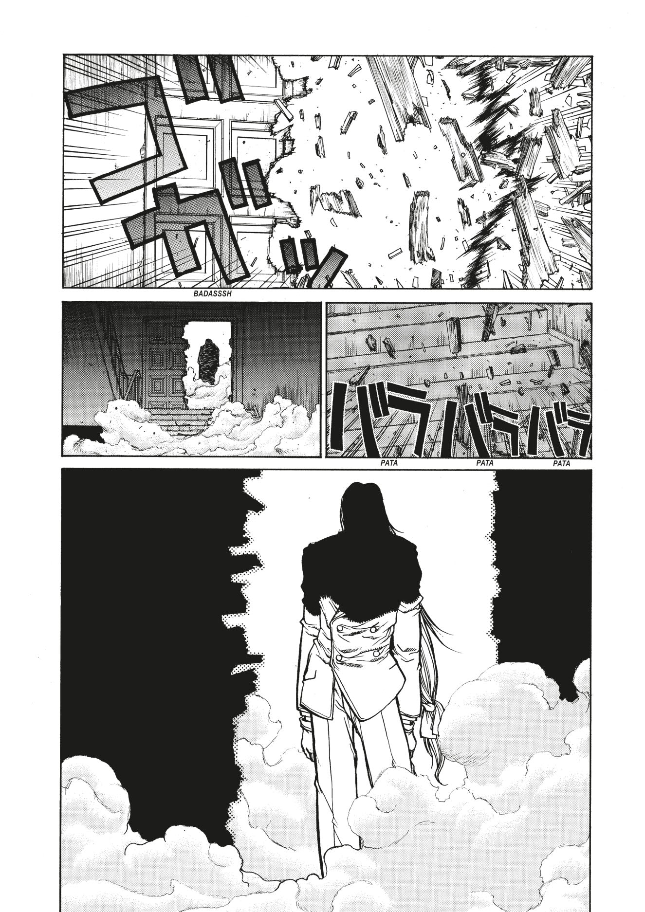 A long-haired figure in a white military uniform emerges from a destroyed building, standing among smoke and rubble