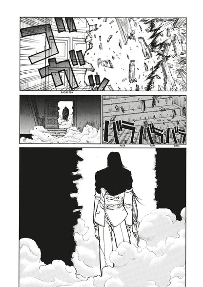 A long-haired figure in a white military uniform emerges from a destroyed building, standing among smoke and rubble
