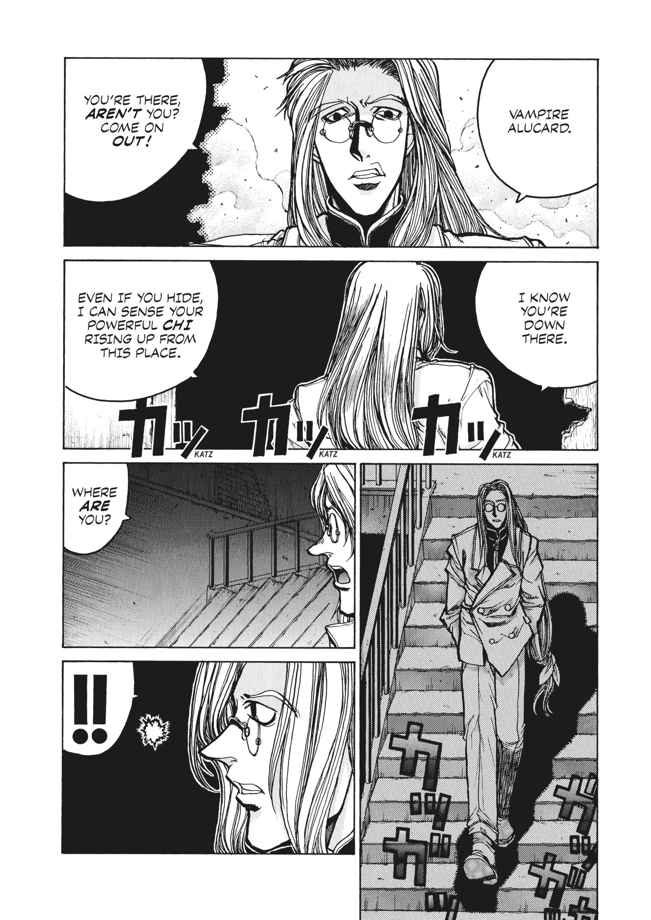 A long-haired, bespectacled man calls out "Vampire Alucard" while descending a grand staircase in a manga page