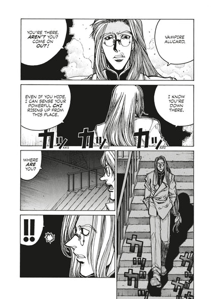 A long-haired, bespectacled man calls out "Vampire Alucard" while descending a grand staircase in a manga page