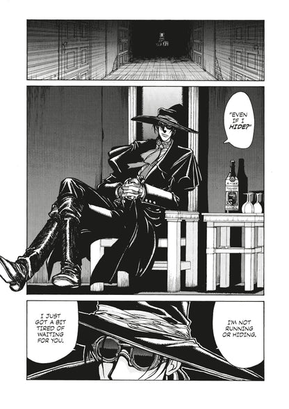 A tall figure in a wide hat and long coat sits casually in a dark room, confidently stating they're not hiding