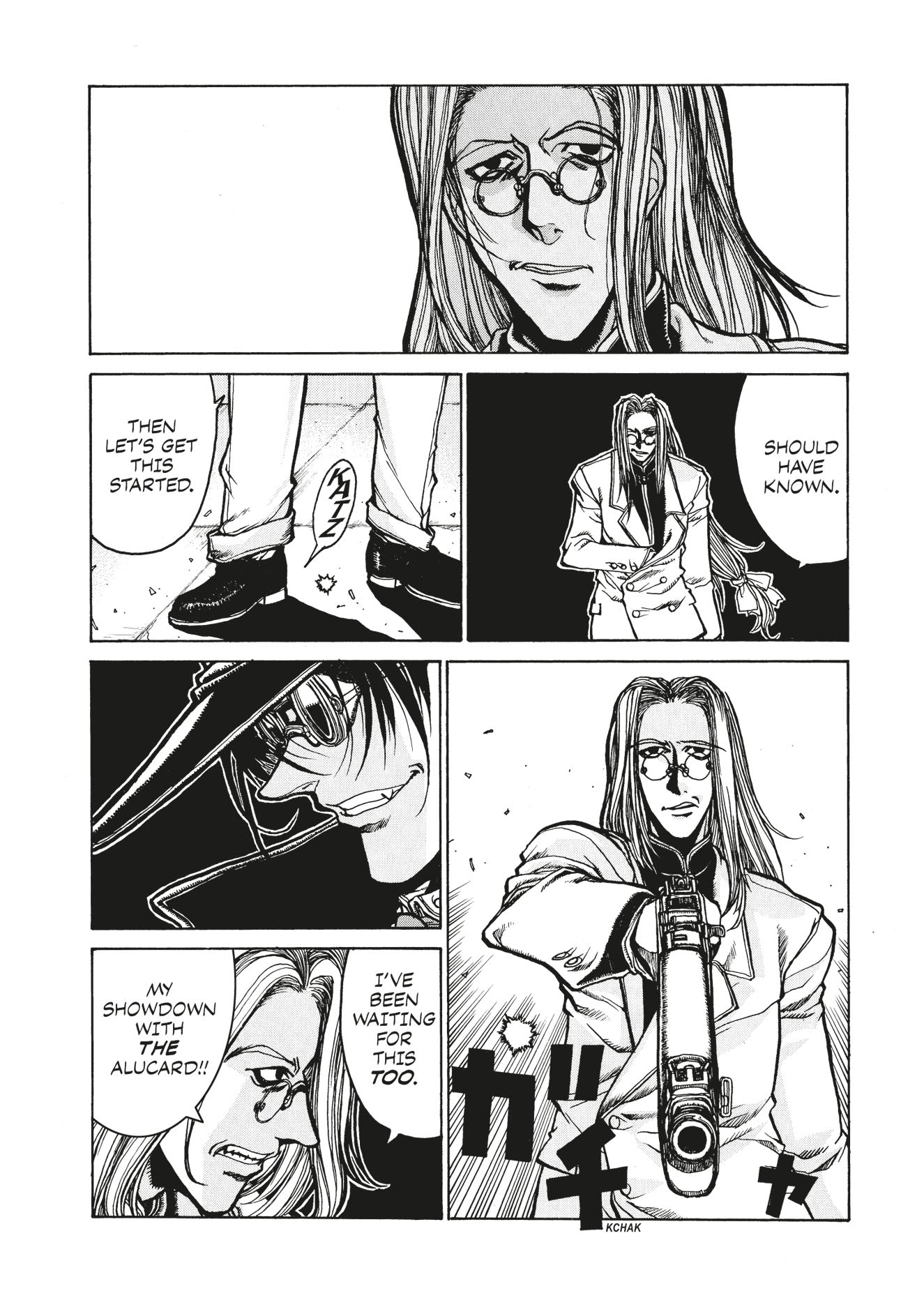 A determined man with long hair, glasses, and a trench coat aims a large gun directly forward, ready for a fight