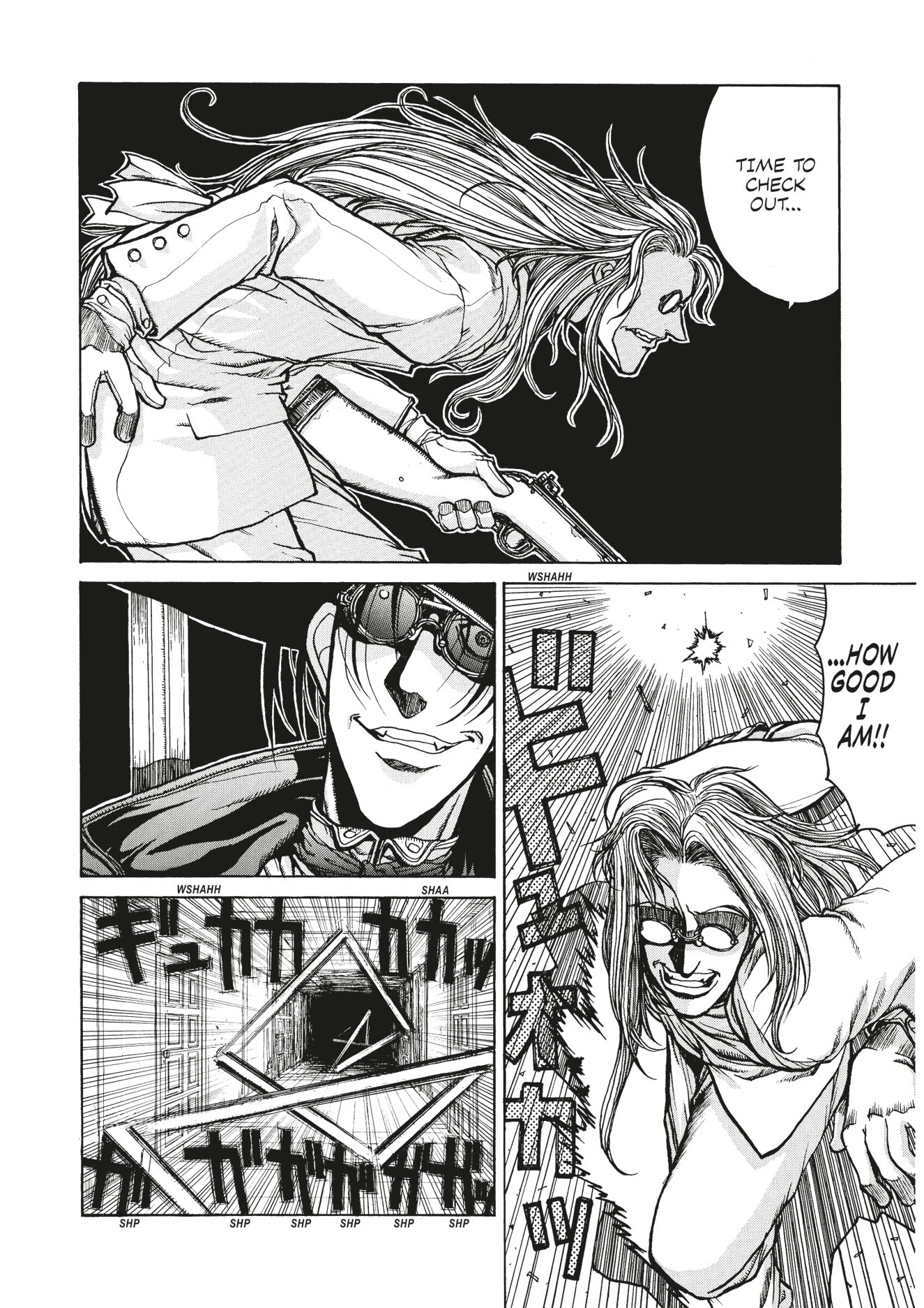 Manga: A long-haired woman triumphantly fires a pistol and smiles. A sharp-toothed man in goggles grins