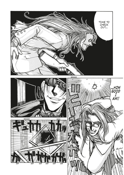 Manga: A long-haired woman triumphantly fires a pistol and smiles. A sharp-toothed man in goggles grins
