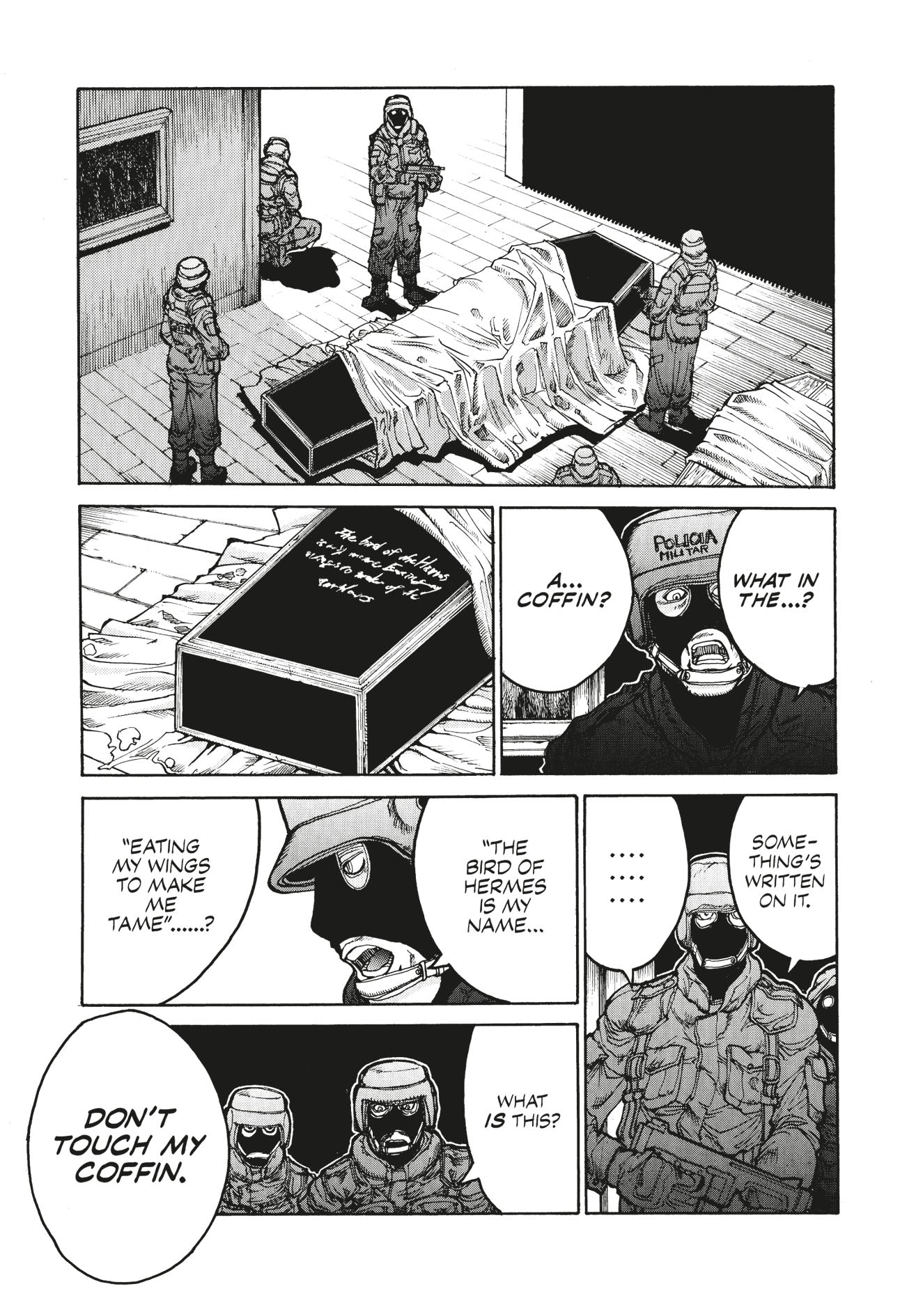 Armed soldiers investigate a coffin with cryptic writing; an unseen voice warns, "Don't touch my coffin"