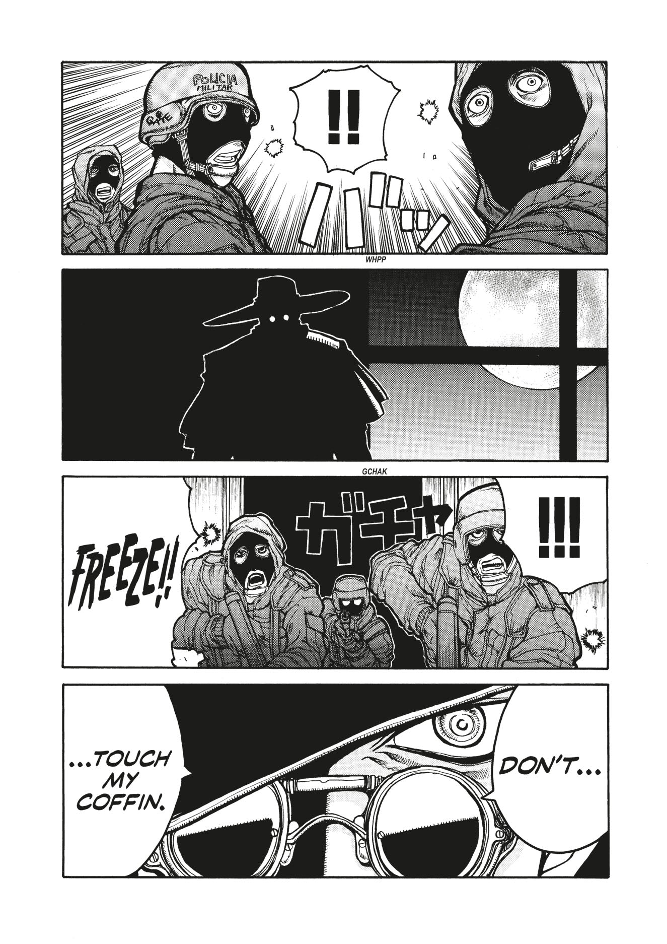 Masked police surprise a shadowy figure in a hat at night. The figure's eye and pince-nez glasses give a stern warning