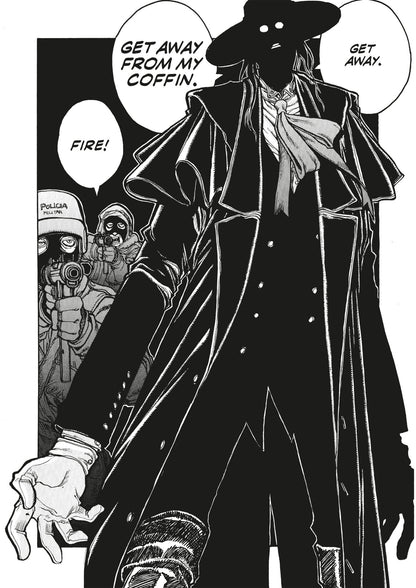 Manga: Shadowy figure in hat & coat tells armed police to 'Get away from my coffin.' Police aim rifles & yell 'FIRE!'