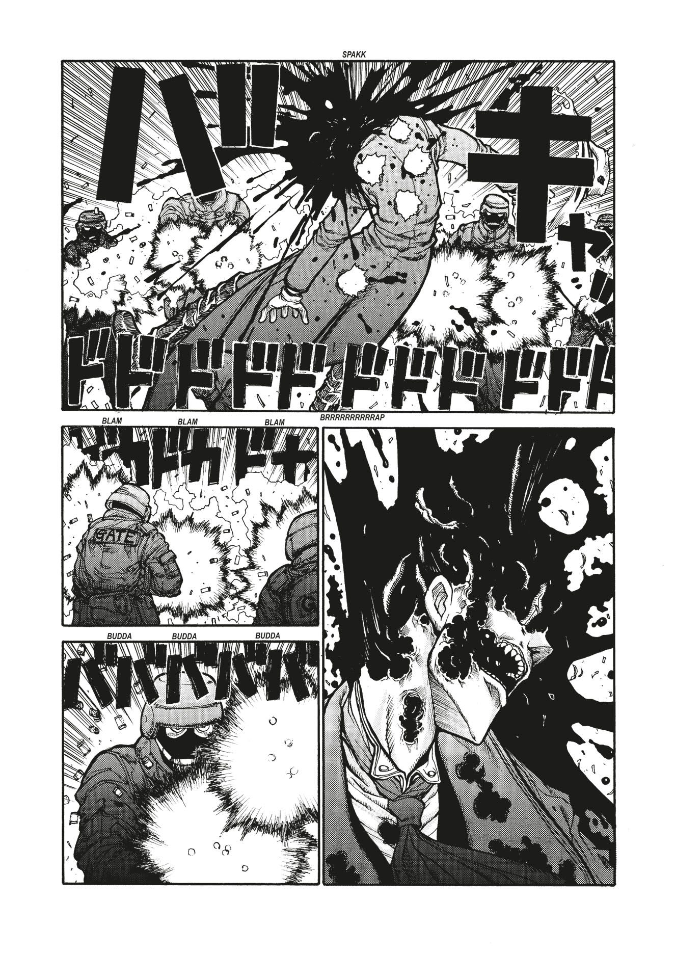 Manga panel: Armed soldiers shoot a person in a suit; their head explodes with gore, revealing a screaming, contorted face