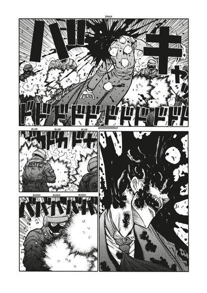Manga panel: Armed soldiers shoot a person in a suit; their head explodes with gore, revealing a screaming, contorted face