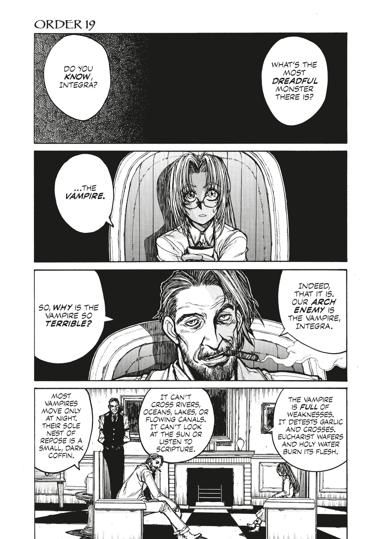 Black and white manga: A man smoking a cigar explains vampire weaknesses to a woman with glasses in a formal room