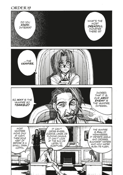 Black and white manga: A man smoking a cigar explains vampire weaknesses to a woman with glasses in a formal room