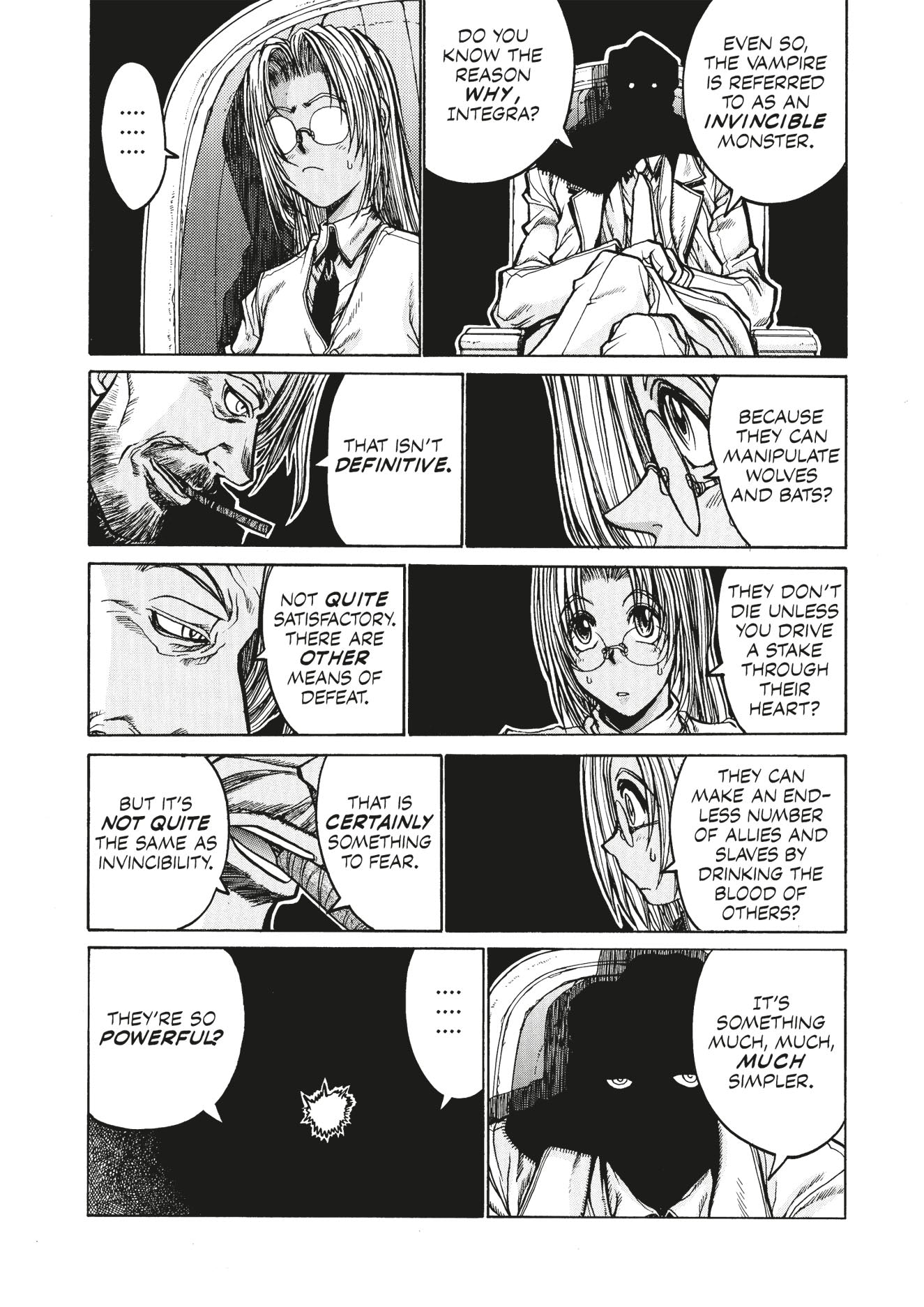 Manga panel sequence: A young woman, shadowy figure, and bearded man converse, discussing vampires' invincibility