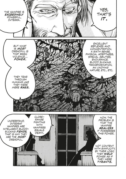 A serious man explains vampires' dreadful power over a chaotic scene of blood and bodies. A figure discusses their tyrannical nature