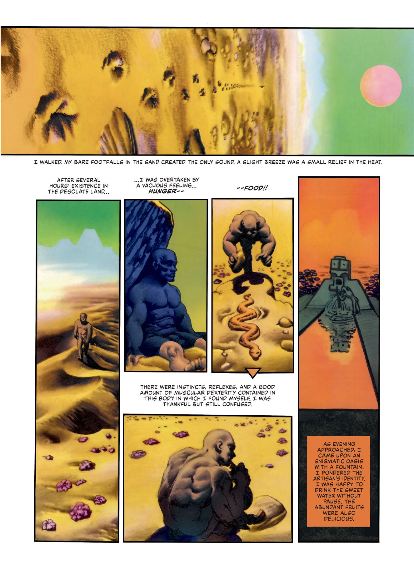 A Dark Horse DEN Volume 1 Neverwhere graphic novel page shows a muscular man's journey from a bare desert to finding food and an oasis