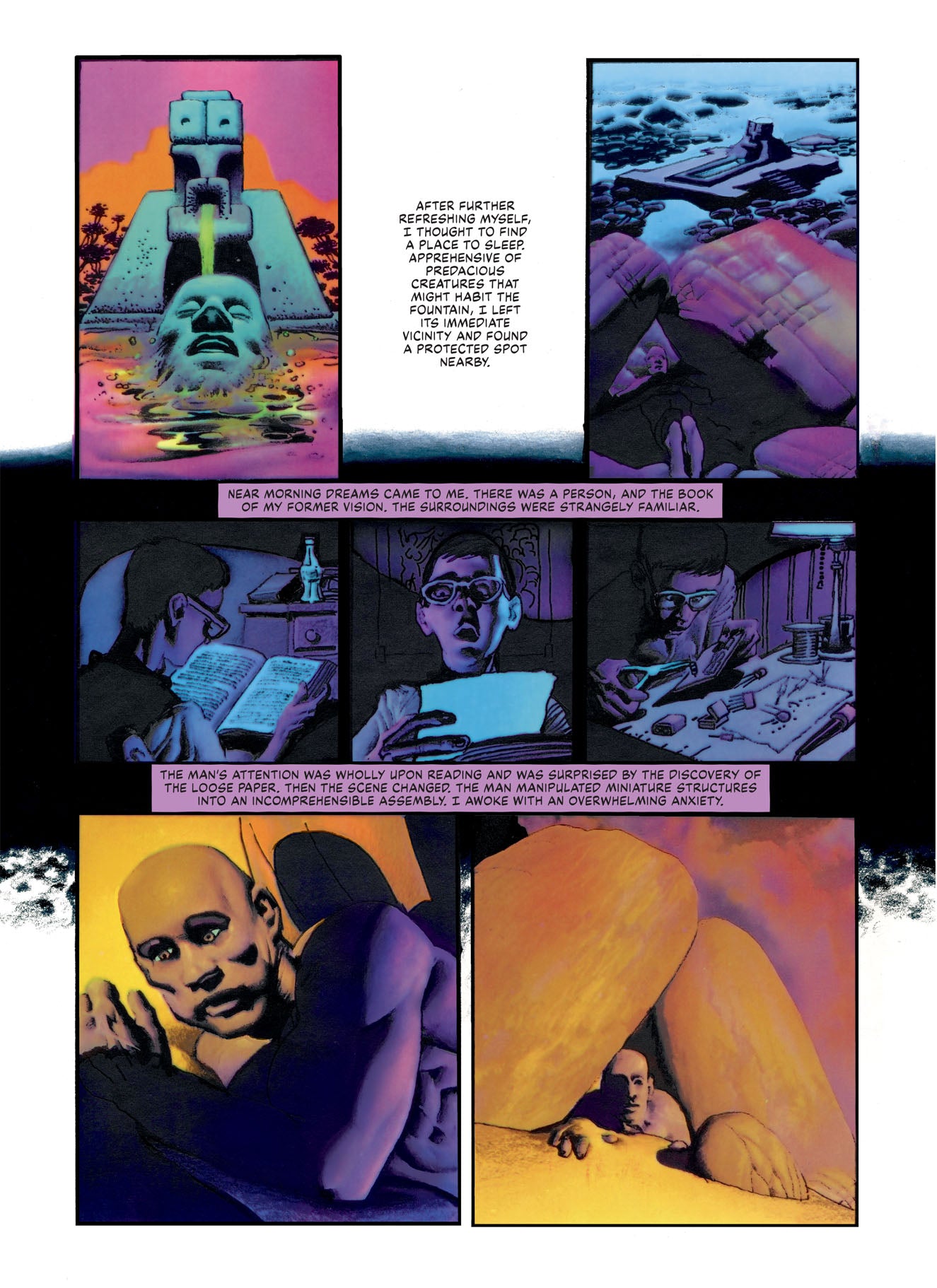 This Dark Horse DEN Volume 1 Neverwhere graphic novel page features panels depicting a temple, a sleeping figure by a ship, and a person reading, crafting, and distressed under rocks