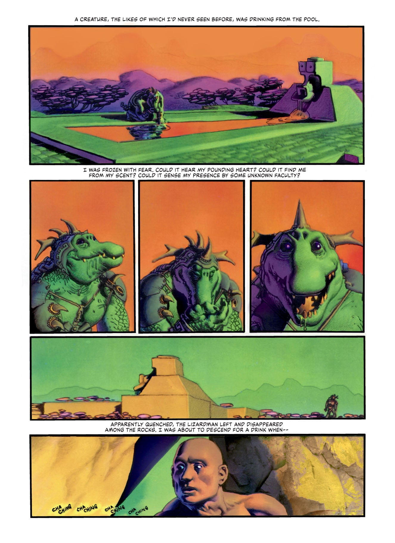 A Dark Horse DEN Volume 1 Neverwhere graphic novel page shows panels of a green armored lizard creature in a vibrant alien landscape and a man hiding behind rocks