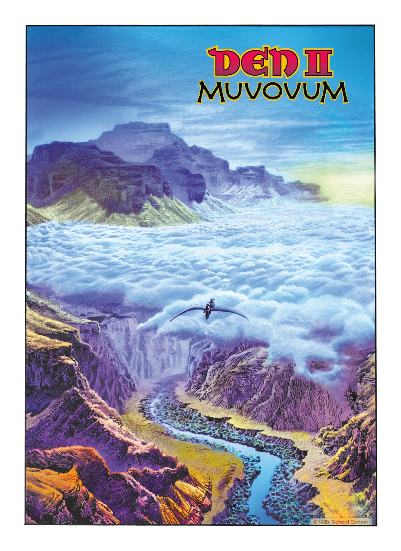 The Den II Muvovum graphic novel cover shows a fantasy canyon landscape with mountains, a river, a sea of clouds, and a person riding a flying creature