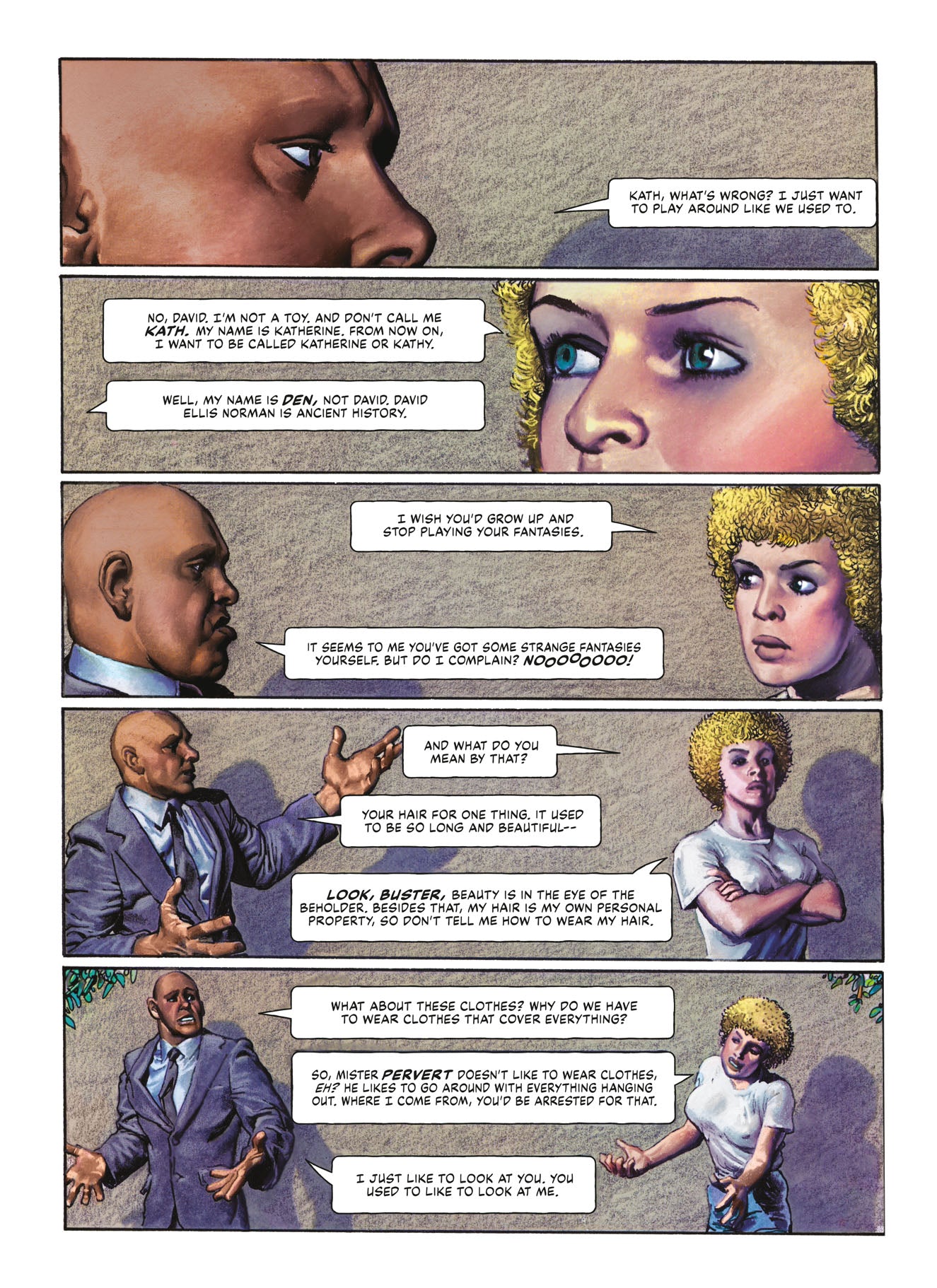 A Dark Horse DEN Volume 2 Muvovum graphic novel page shows a man and woman in six panels arguing, with the woman changing her appearance and rejecting her previous identity