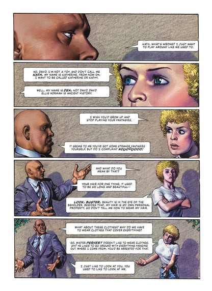 A Dark Horse DEN Volume 2 Muvovum graphic novel page shows a man and woman in six panels arguing, with the woman changing her appearance and rejecting her previous identity