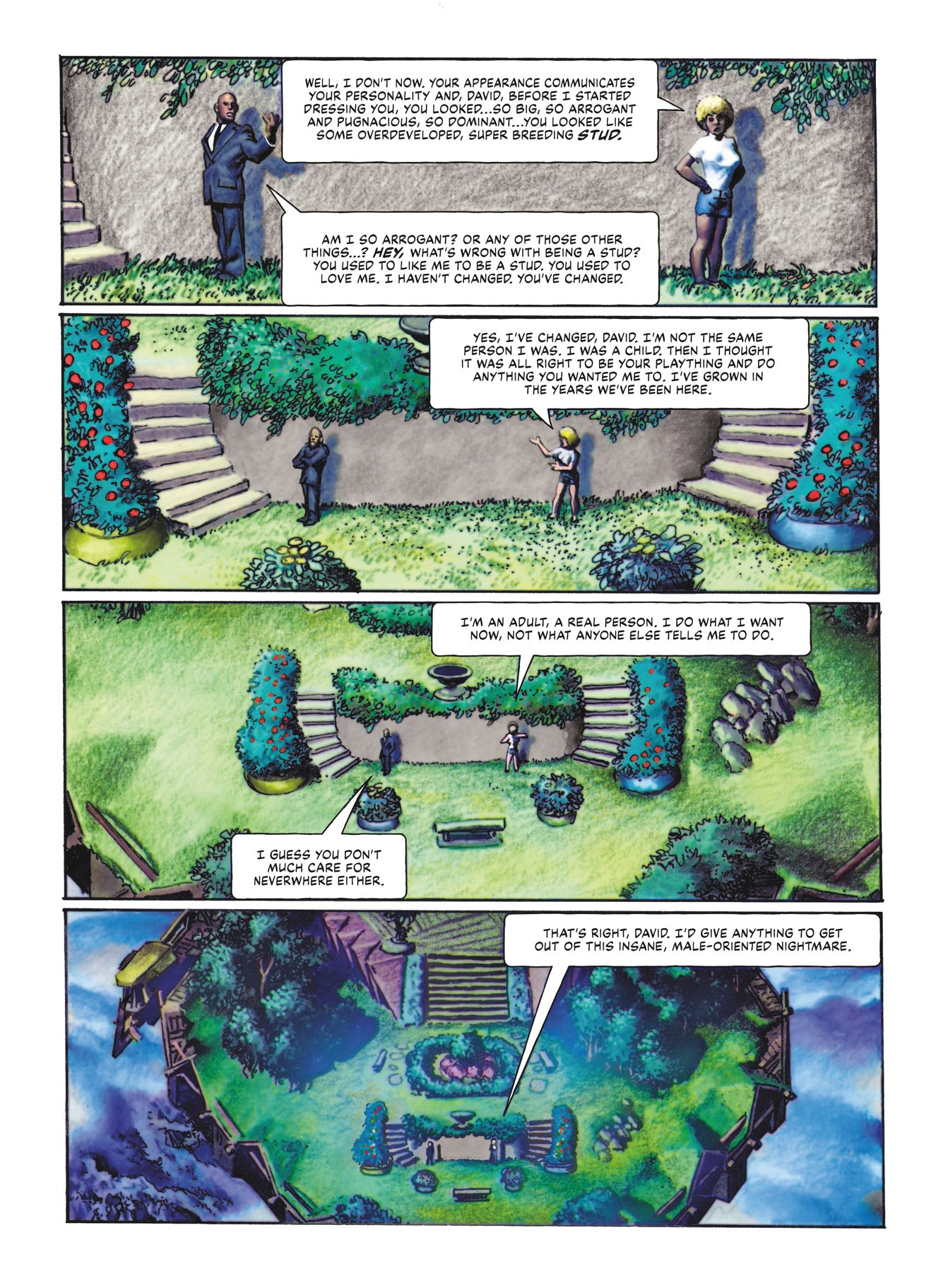 A page from Dark Horse DEN Volume 2_ Muvovum graphic novel shows a man and woman talking in a multi-level fantasy garden with stairs and lush greenery