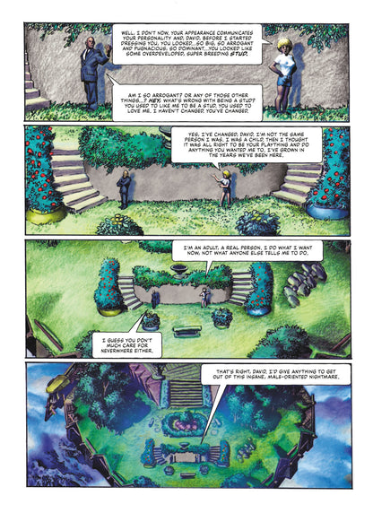 A page from Dark Horse DEN Volume 2_ Muvovum graphic novel shows a man and woman talking in a multi-level fantasy garden with stairs and lush greenery