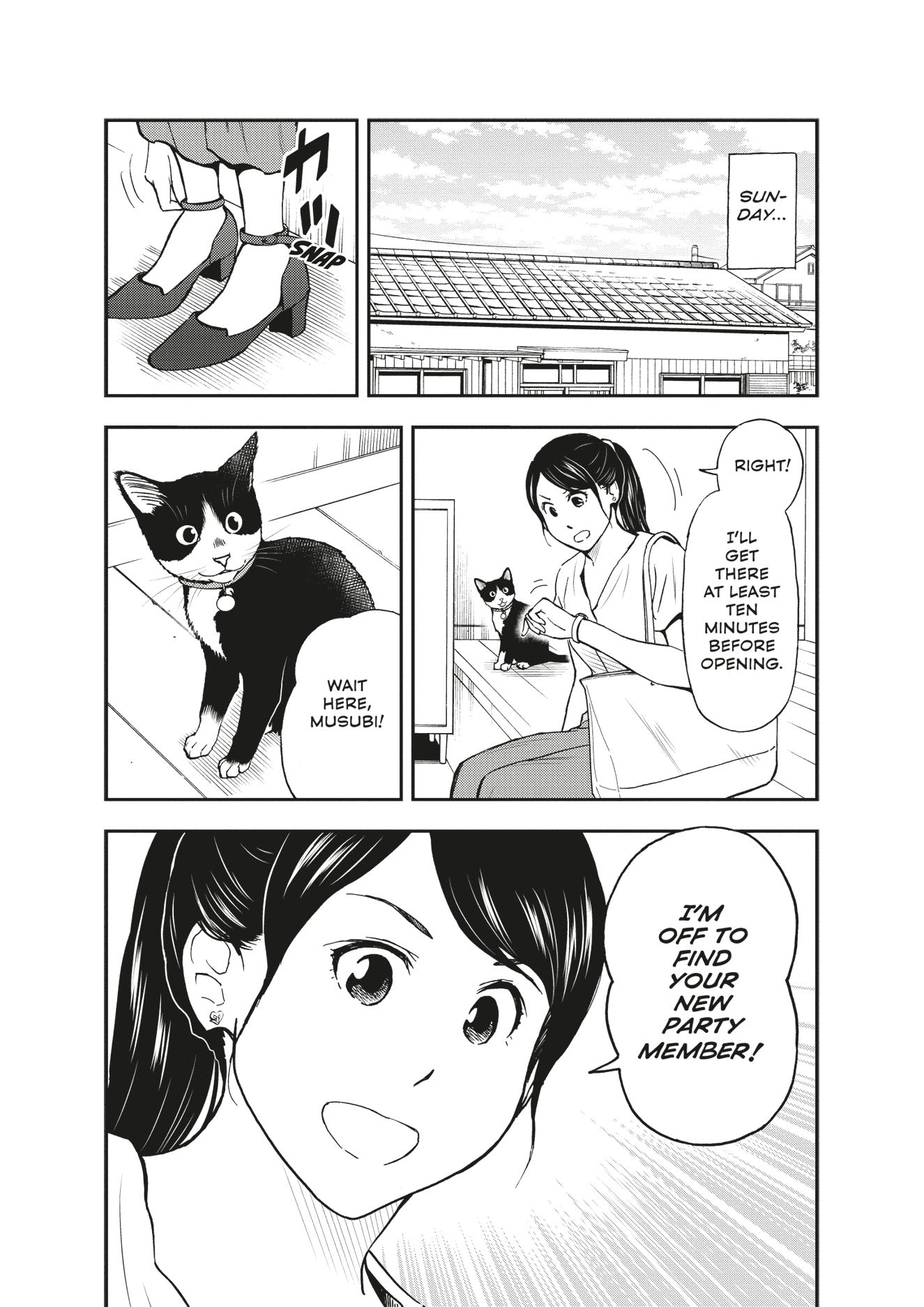 A smiling woman tells her tuxedo cat Musubi to wait at home as she enthusiastically departs on Sunday to find a new party member
