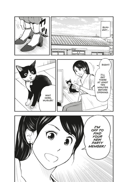 A smiling woman tells her tuxedo cat Musubi to wait at home as she enthusiastically departs on Sunday to find a new party member