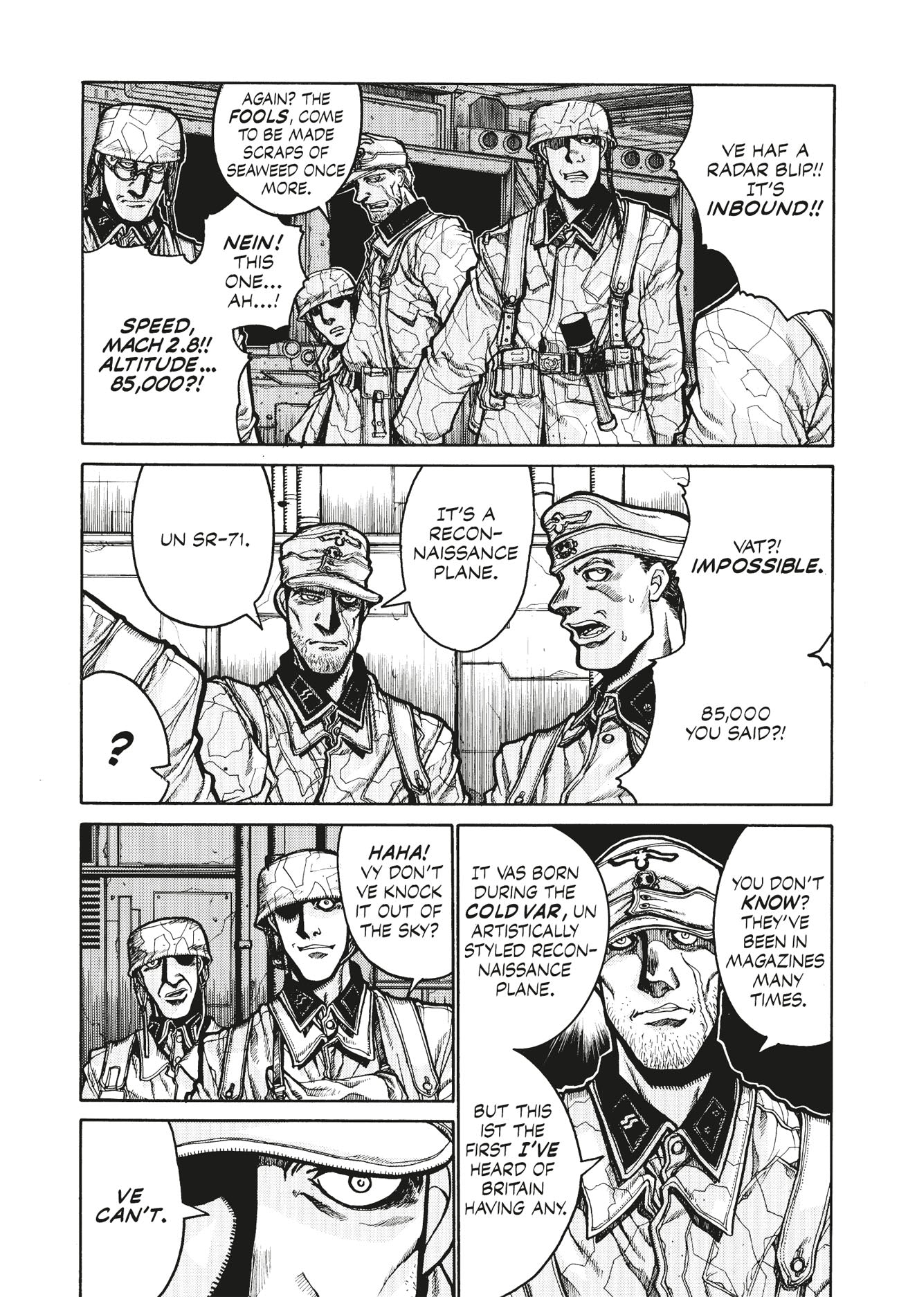 Manga page: German soldiers in camouflage react to an SR-71 reconnaissance plane detected at high altitude