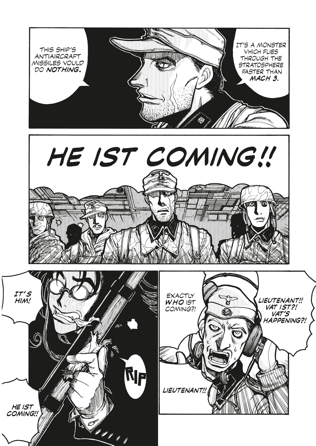 Manga page: Tense soldiers react as text declares "HE IST COMING!!"; a rifle-wielding character stands ready