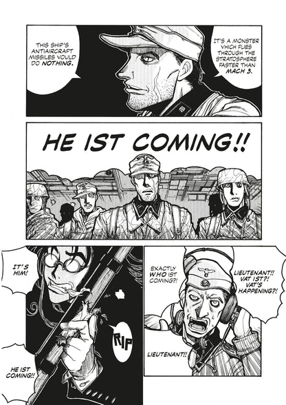 Manga page: Tense soldiers react as text declares "HE IST COMING!!"; a rifle-wielding character stands ready