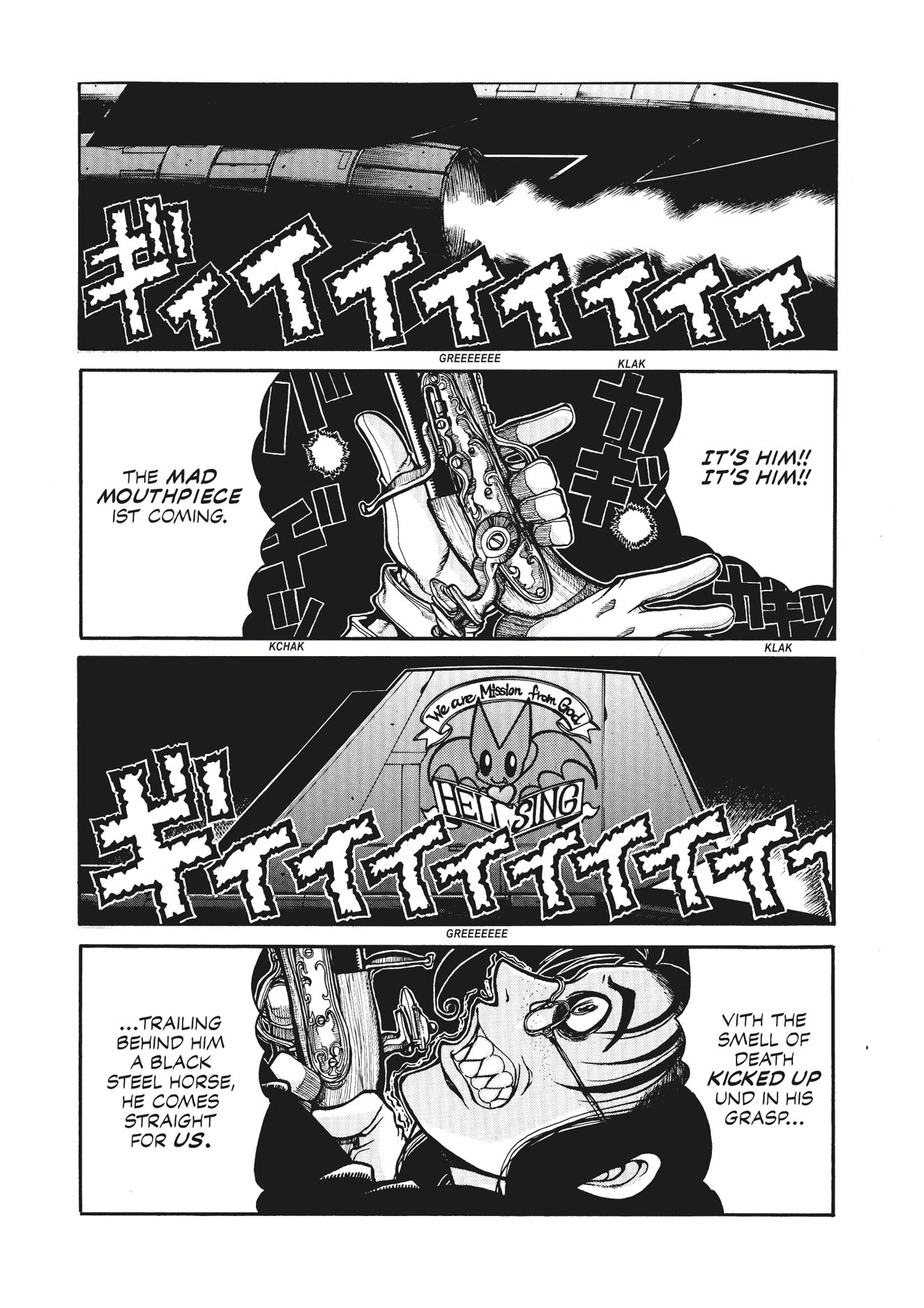 Manga: The menacing 'Mad Mouthpiece' arrives on a jet, wielding a large, ornate gun, approaching the Hellsing building