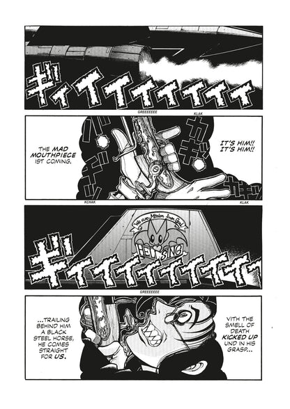 Manga: The menacing 'Mad Mouthpiece' arrives on a jet, wielding a large, ornate gun, approaching the Hellsing building