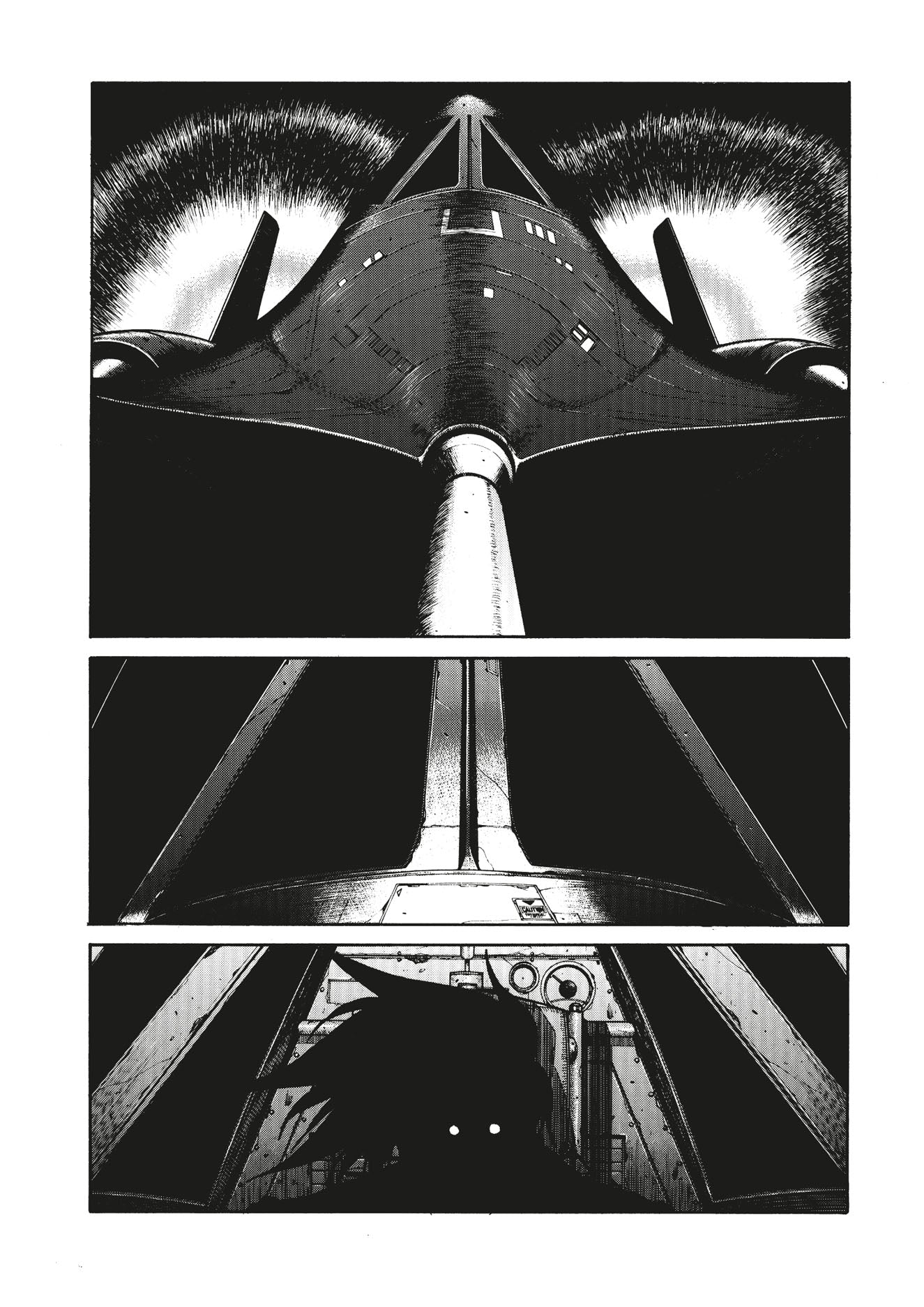 Manga page: A sleek jet launches with bright exhaust. Below, structural details and a shadowy pilot in a dark cockpit