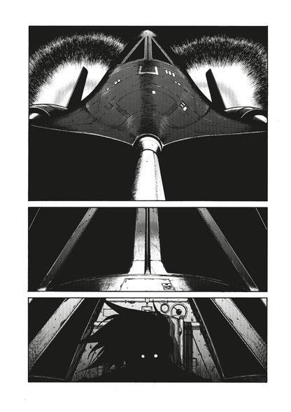 Manga page: A sleek jet launches with bright exhaust. Below, structural details and a shadowy pilot in a dark cockpit