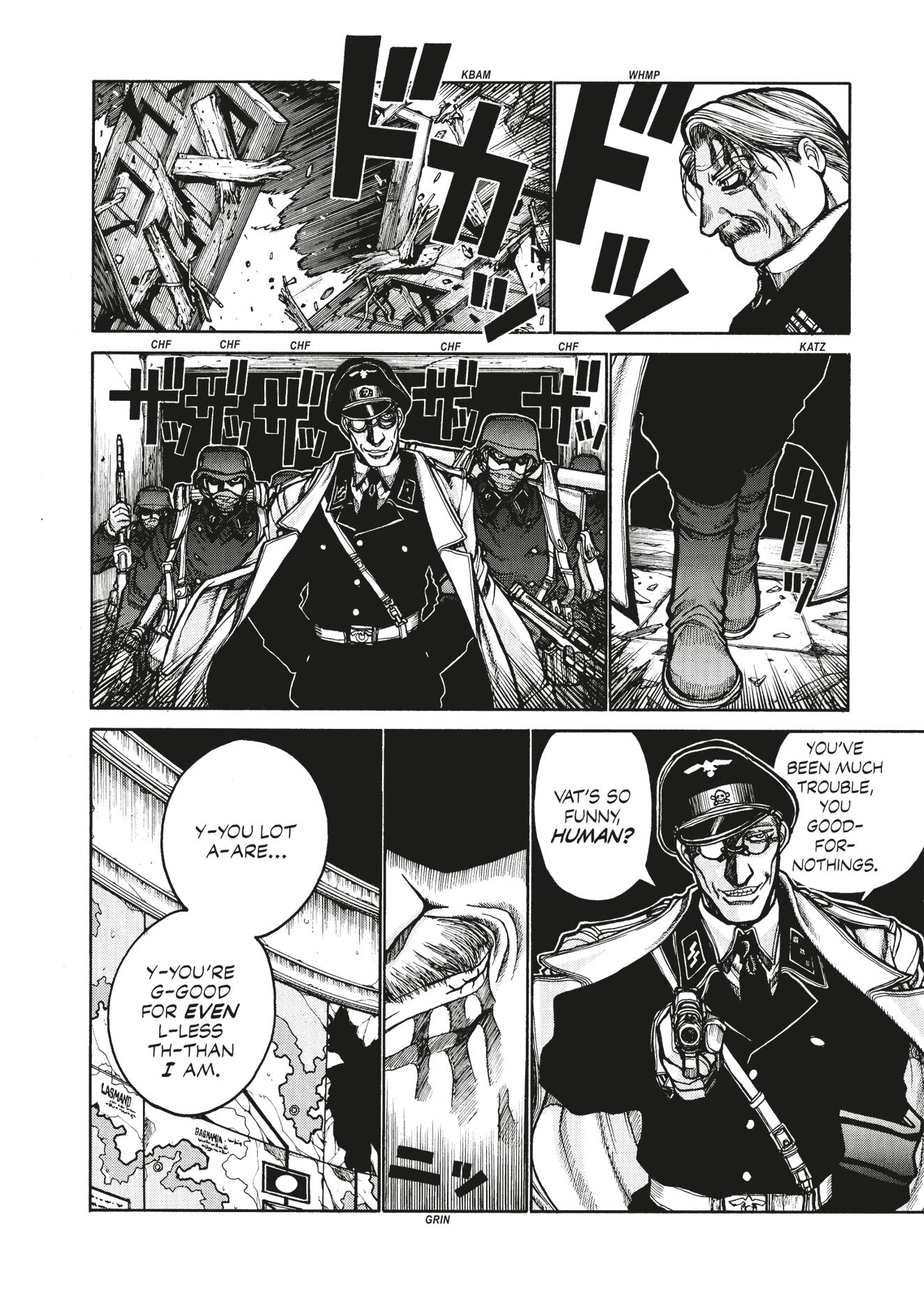 Grinning officer in uniform and goggles points a pistol, backed by armed soldiers in a destroyed room. Manga page