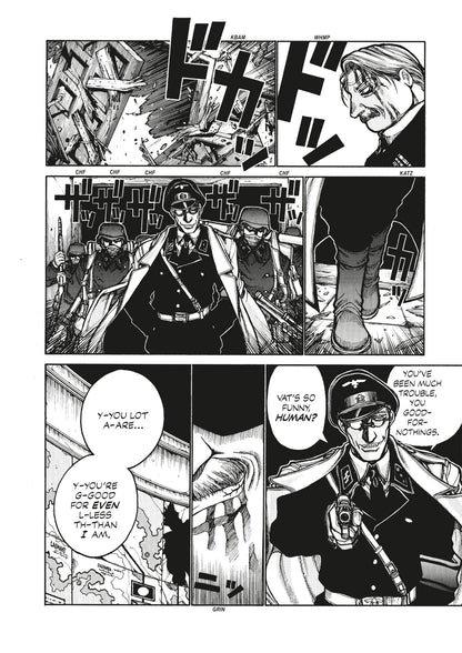 Grinning officer in uniform and goggles points a pistol, backed by armed soldiers in a destroyed room. Manga page