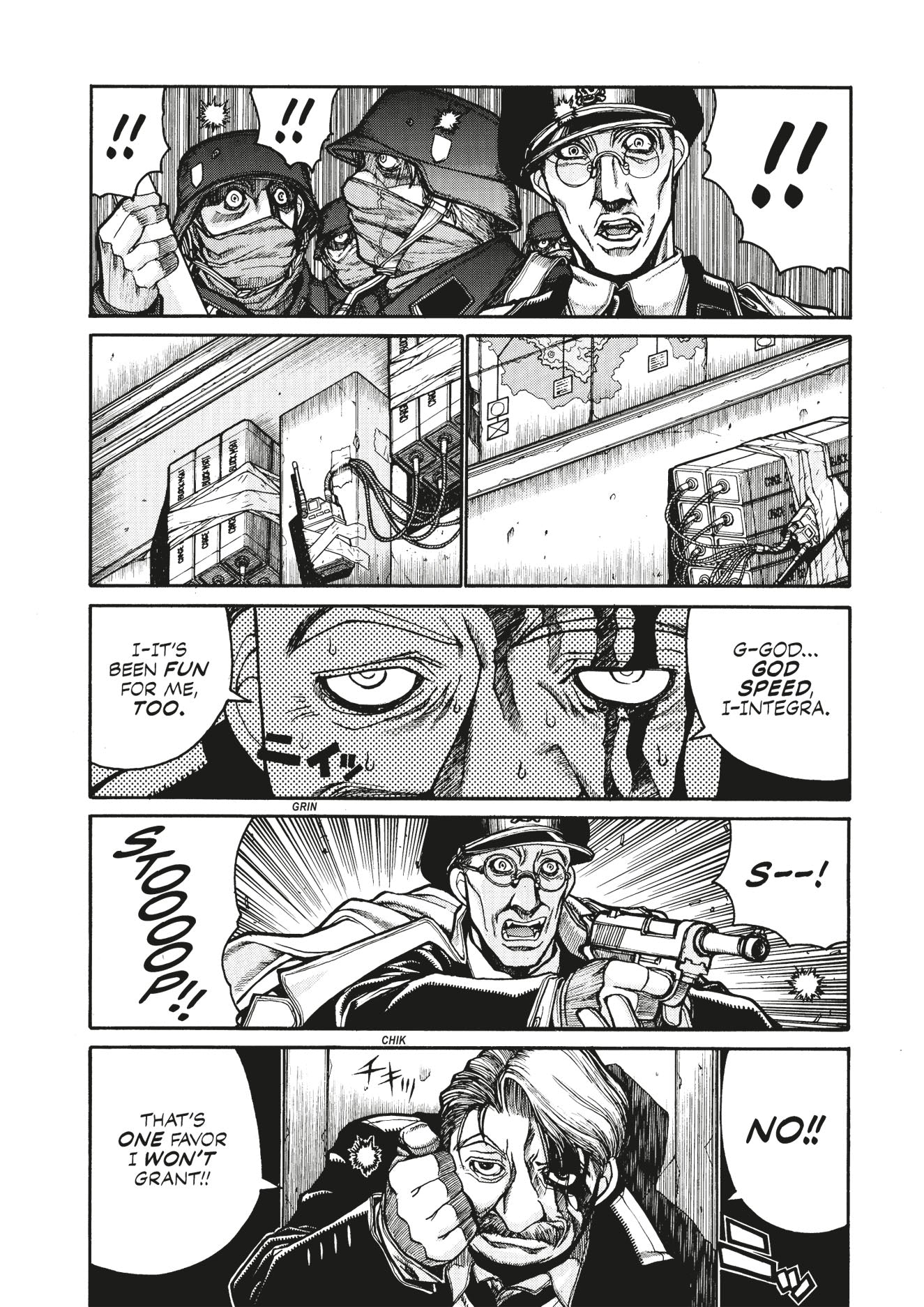 Manga page: Intense scene where a man aims a gun, another holds detonators, and characters show surprise and resolve