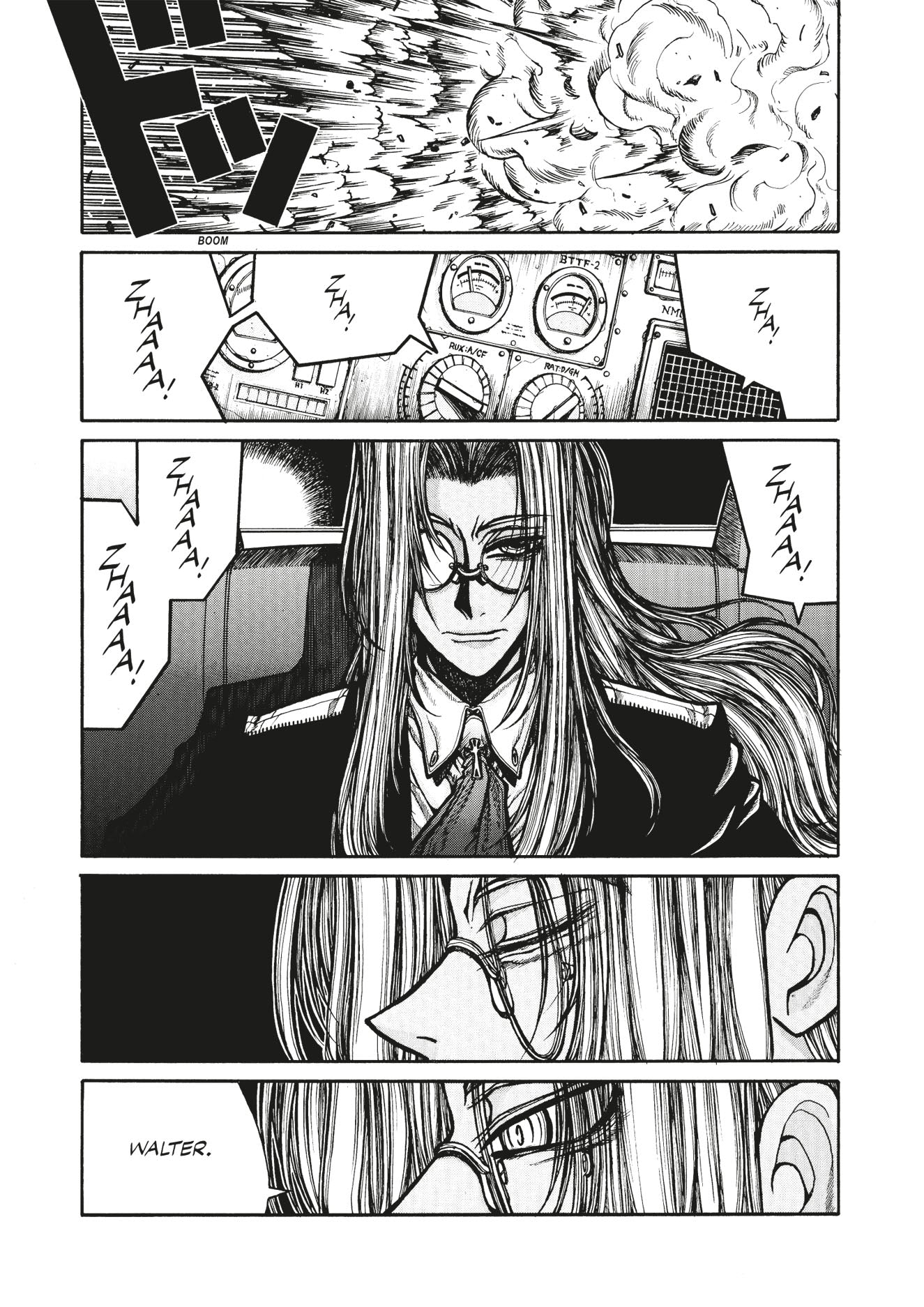 Manga: Explosions and "ZHAAAA!" sound effects. A stern-faced man with long hair and glasses gazes intently, then says 'Walter'