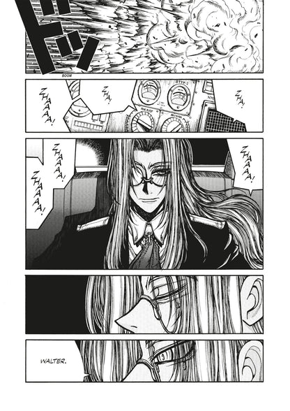 Manga: Explosions and "ZHAAAA!" sound effects. A stern-faced man with long hair and glasses gazes intently, then says 'Walter'