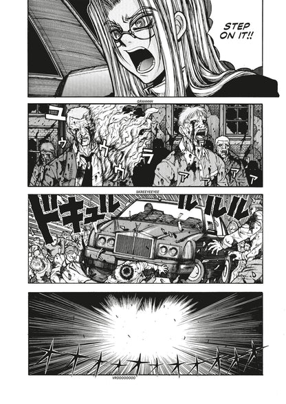 Manga panels: A frantic woman yells "STEP ON IT!!" as a car violently plows through a horde of attacking zombies
