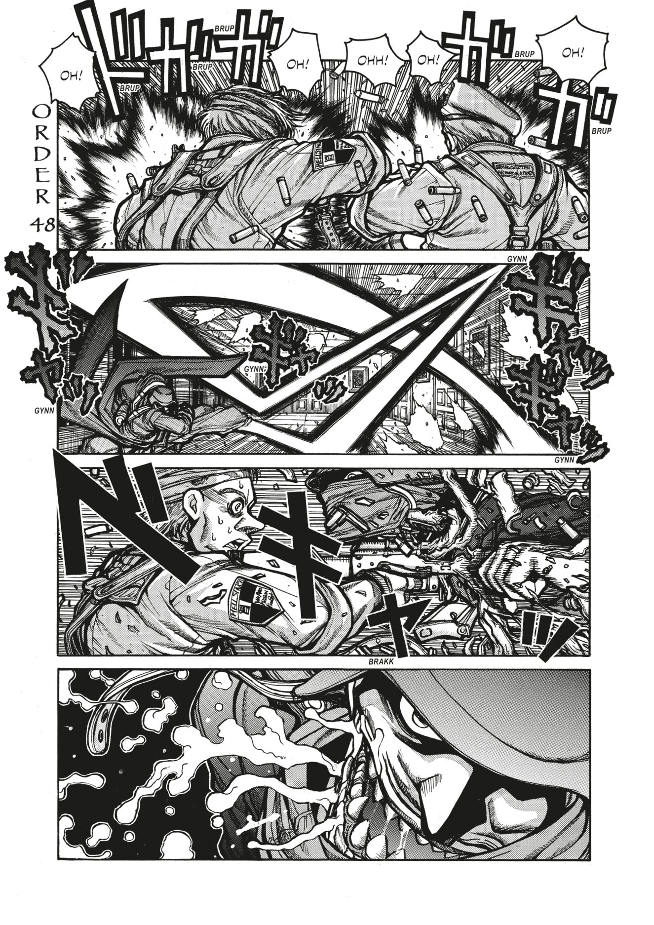 Manga page: Hellsing agents in intense combat, rapid attacks, and a vampire's menacing face with energy erupting