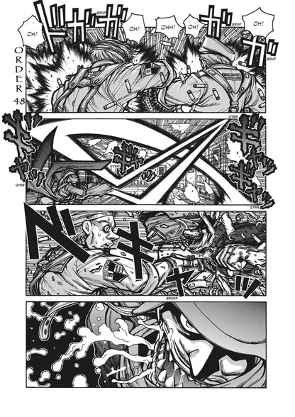 Manga page: Hellsing agents in intense combat, rapid attacks, and a vampire's menacing face with energy erupting