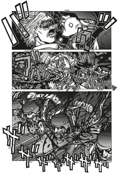 Manga panel shows a soldier biting a screaming man's head, causing an explosive gush of black blood, followed by other soldiers drenched in gore