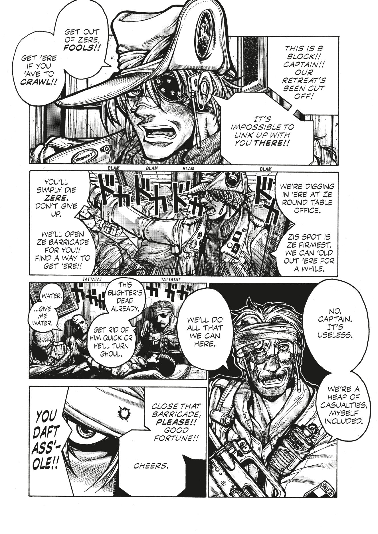 An eyepatched commander in a wide hat yells orders during a chaotic battle, surrounded by grim soldiers and casualties