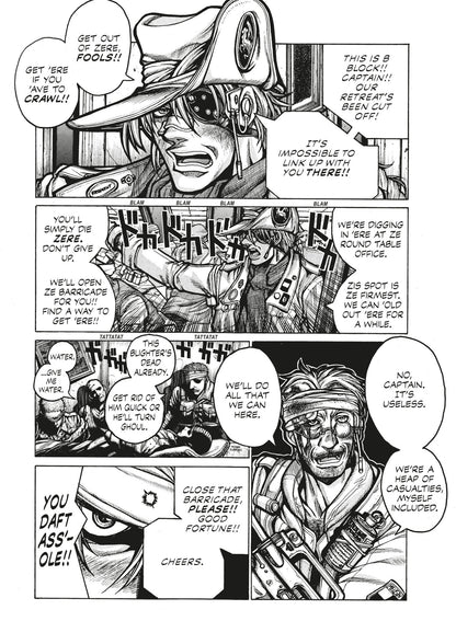 An eyepatched commander in a wide hat yells orders during a chaotic battle, surrounded by grim soldiers and casualties