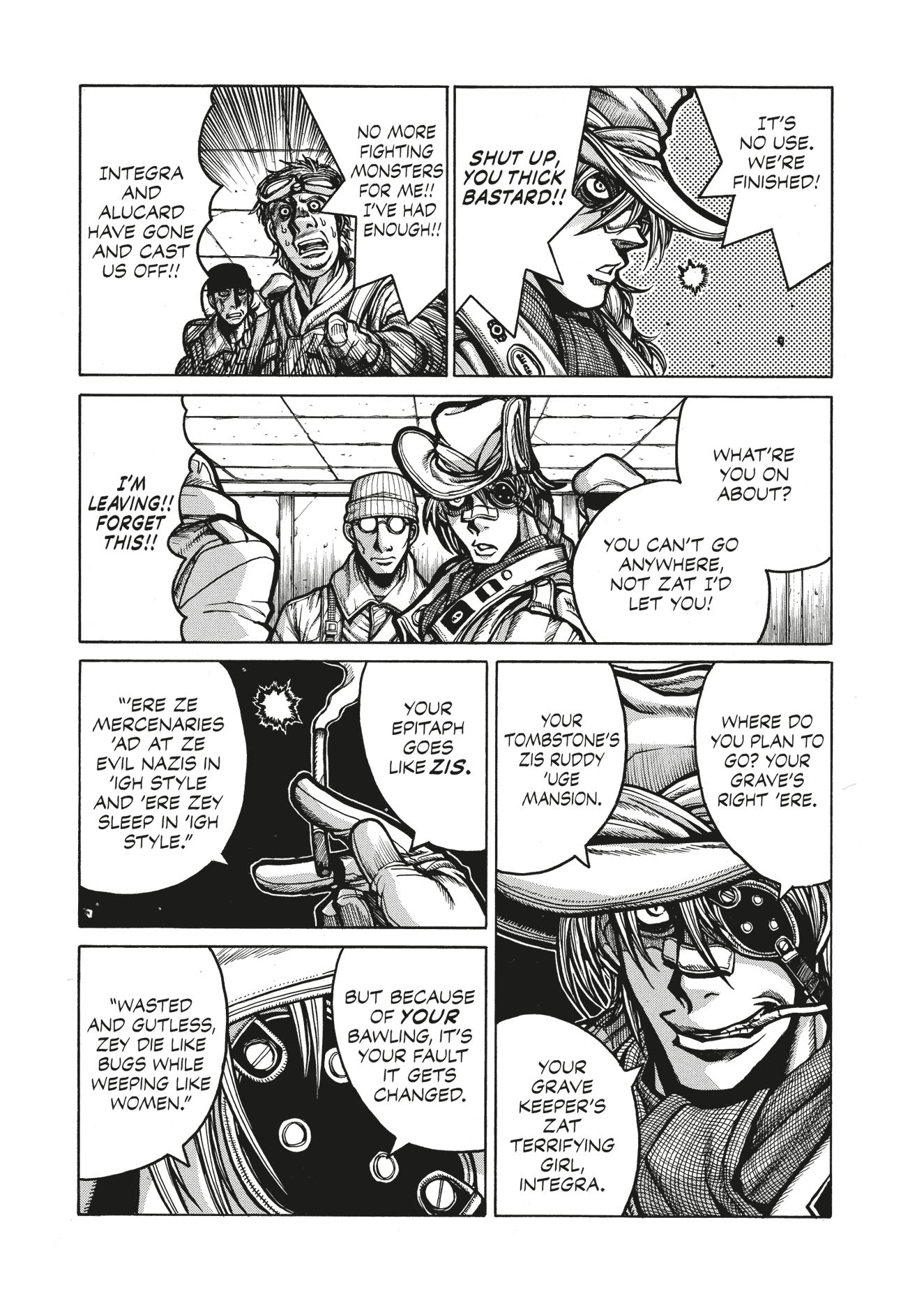 A panicking mercenary tries to flee but is fiercely confronted by Integra and a grinning, eyepatch-wearing man