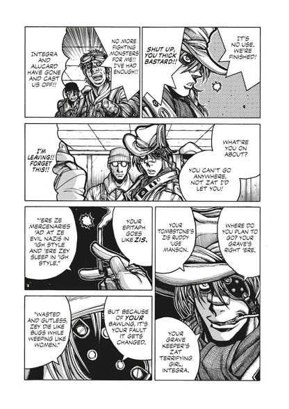 A panicking mercenary tries to flee but is fiercely confronted by Integra and a grinning, eyepatch-wearing man