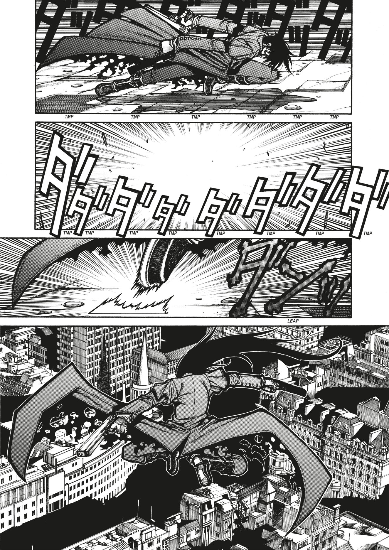 Manga character in a cape and weapon leaps high above a detailed city skyline after a powerful slide and ground impact